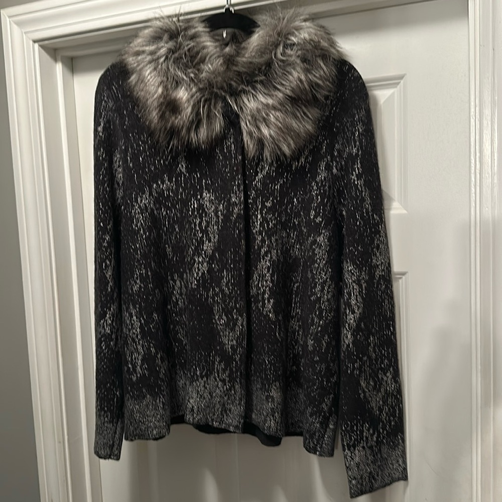 Ladies with tag Chicos S 2  Faux fur cowl neck button up 100% wool sweaterjacket